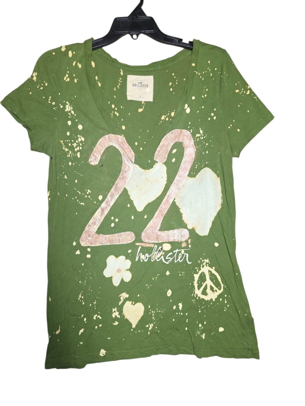 Hollister Distressed Green 22 Hand Painted Tshirt Large